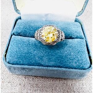 Art Deco Style QVC Sterling Silver Yellow Canary Citrine Halo Cocktail Ring SZ 9